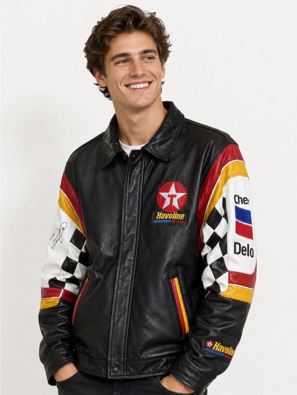 CUSTOM VINTAGE CHEVRON TEXACO NASCAR RACING LEATHER JACKET 3 AUTOGRAPHS MEN XL